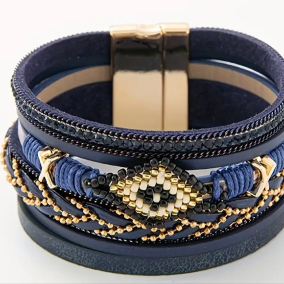 NEW 2/$40 Boho Blue and Gold Wide Beaded Magnetic Bracelet-(#0227) - Picture 2 of 3
